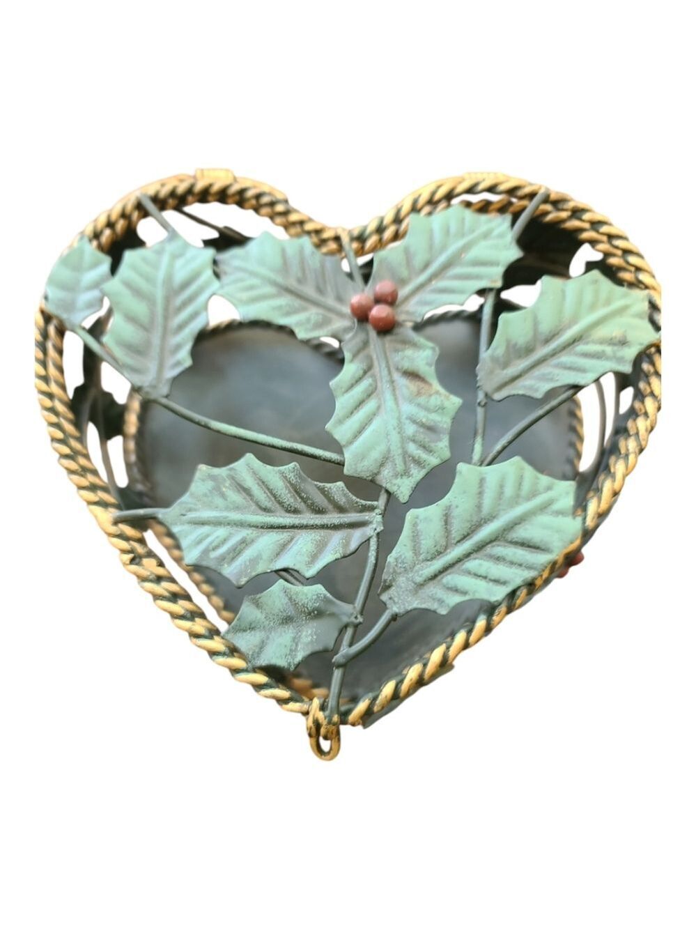 6x5x3 Vintage heart-shaped metal Holly decorated box